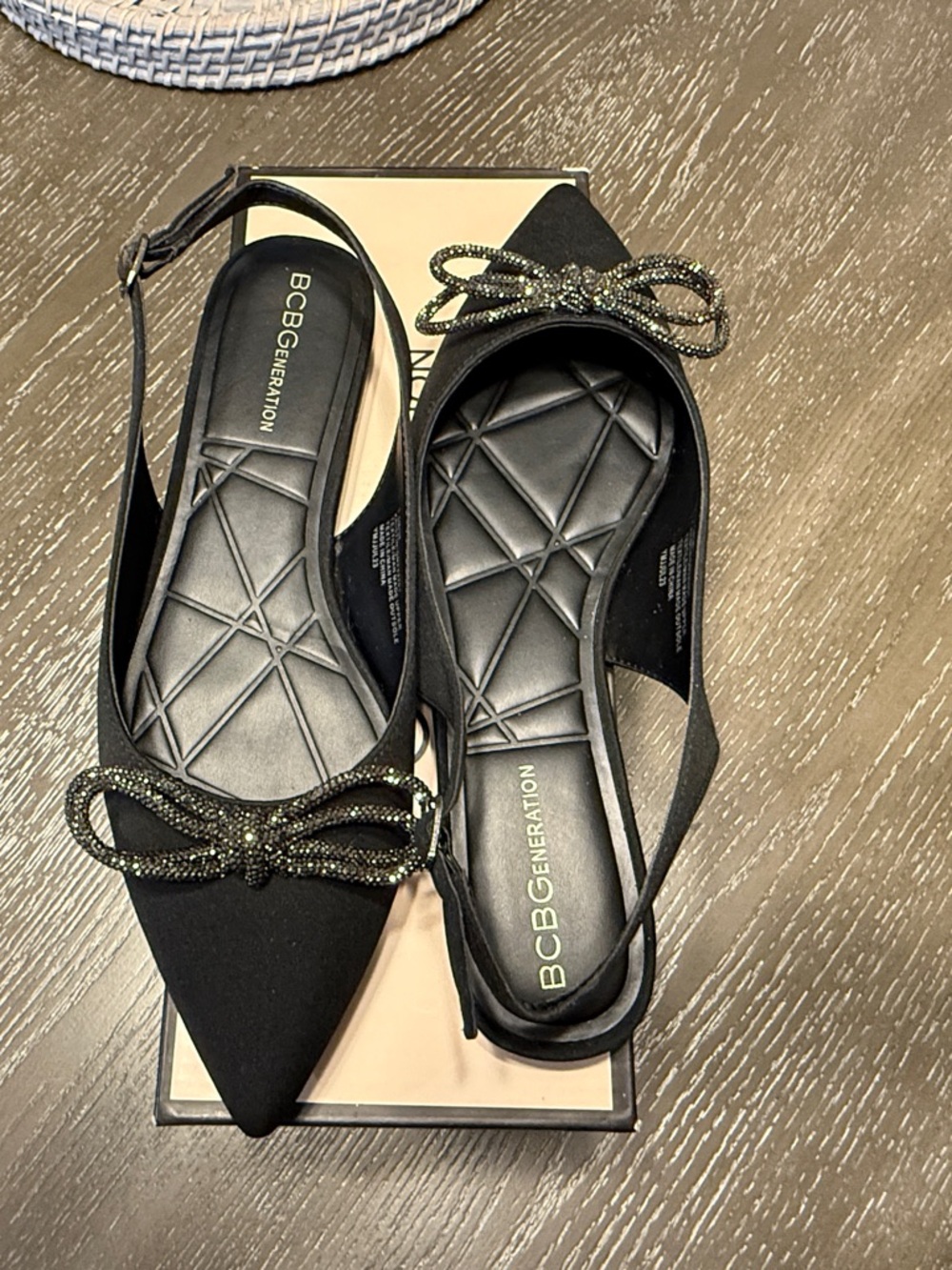 BCBGeneration Black Pointed Slingback Flats with Crystal Bow Detail